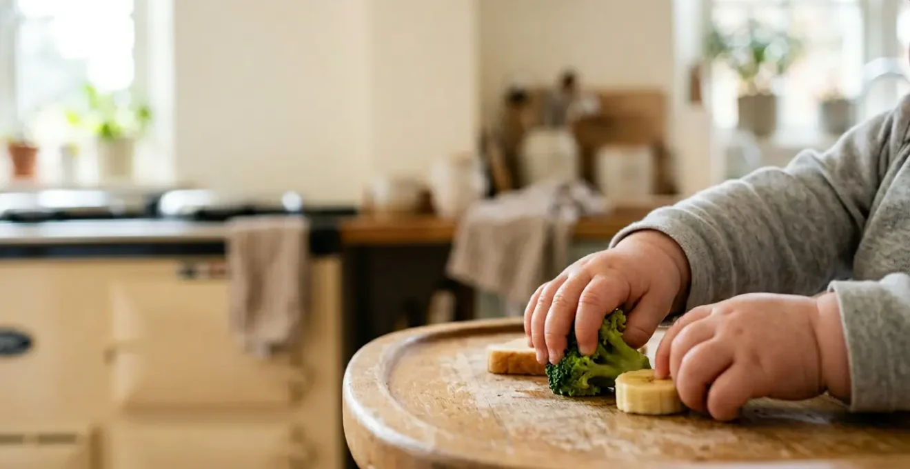 Close-up view of infant hands reaching for soft finger foods on a wooden highchair tray, showing self-feeding exploration
