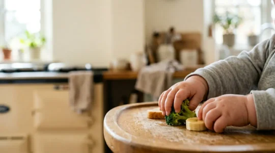 Close-up view of infant hands reaching for soft finger foods on a wooden highchair tray, showing self-feeding exploration
