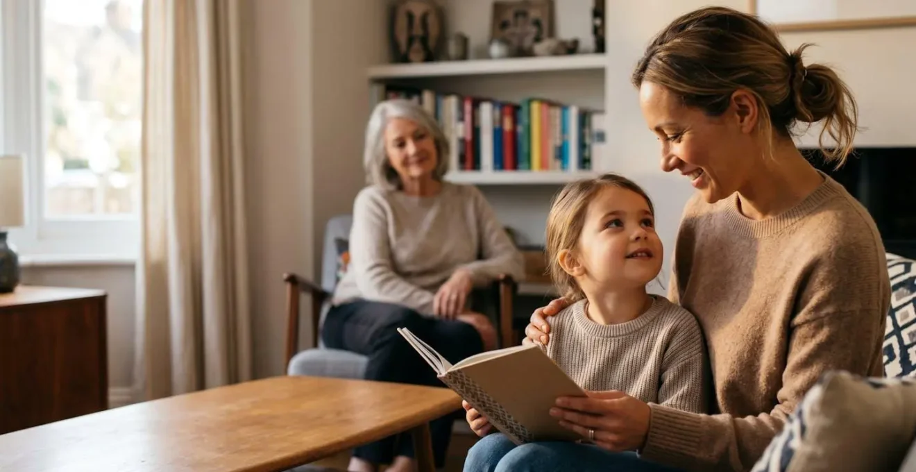 Warm family moment showing intergenerational connection through language and cultural heritage in British home setting