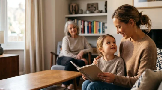 Warm family moment showing intergenerational connection through language and cultural heritage in British home setting