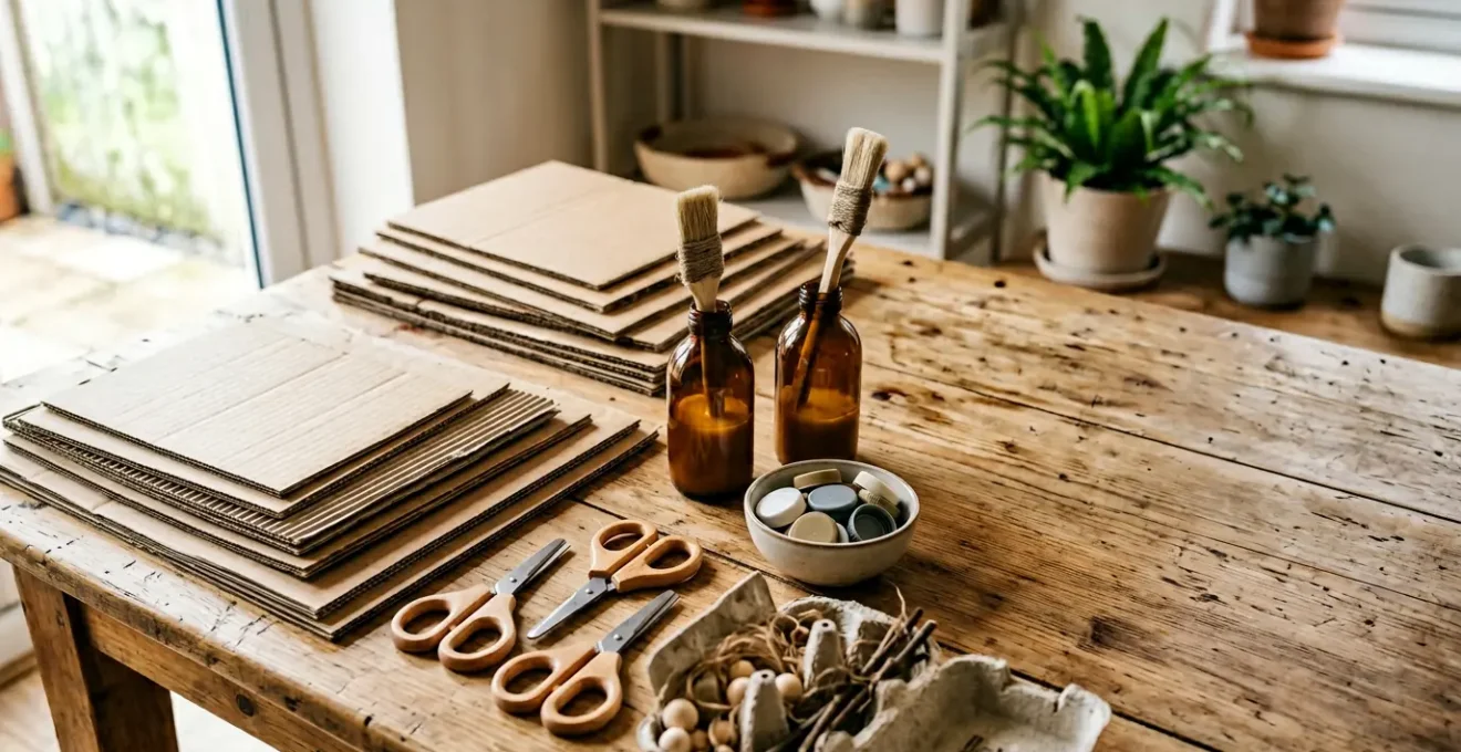 Cardboard materials and simple art supplies arranged on a clean surface for creative children's projects