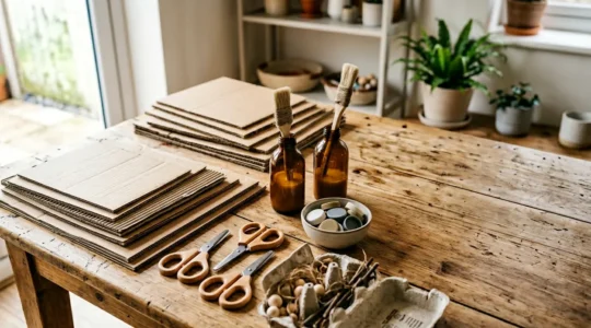 Cardboard materials and simple art supplies arranged on a clean surface for creative children's projects