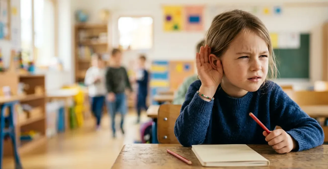 A child in a classroom setting experiencing difficulty hearing and focusing during lesson time