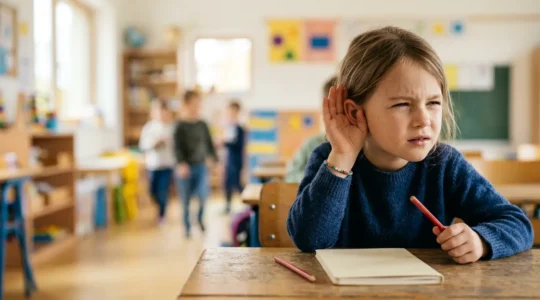 A child in a classroom setting experiencing difficulty hearing and focusing during lesson time