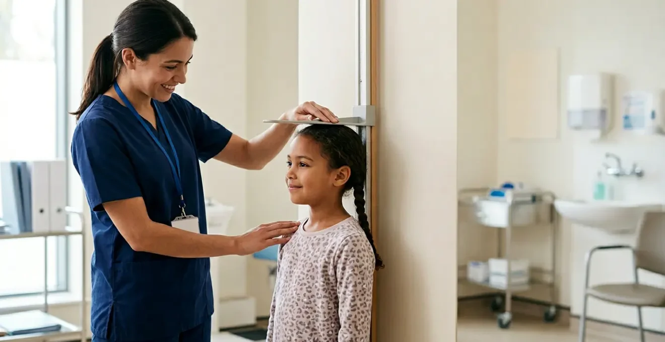 Healthcare professional measuring a child's height in a clinical setting