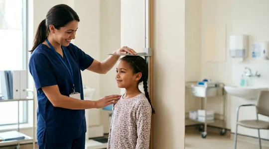 Healthcare professional measuring a child's height in a clinical setting