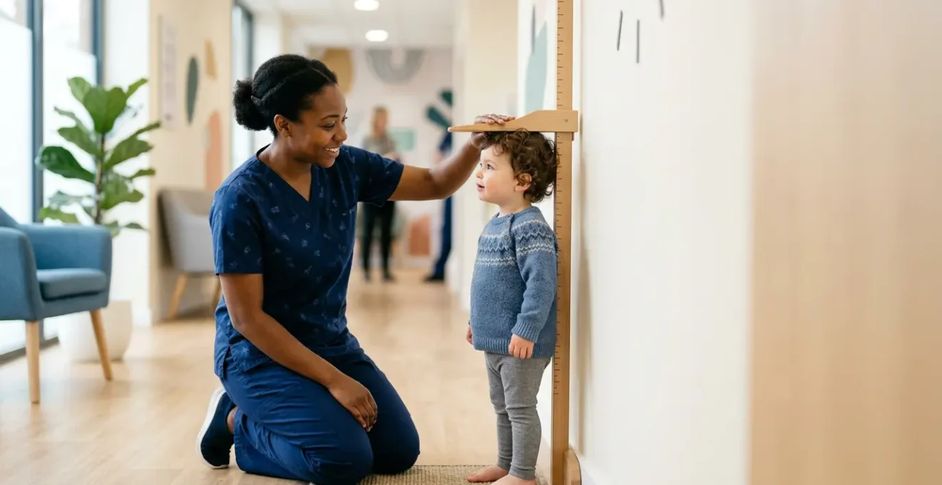 Healthcare professional measuring child's height against growth chart showing developmental assessment