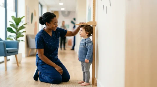 Healthcare professional measuring child's height against growth chart showing developmental assessment
