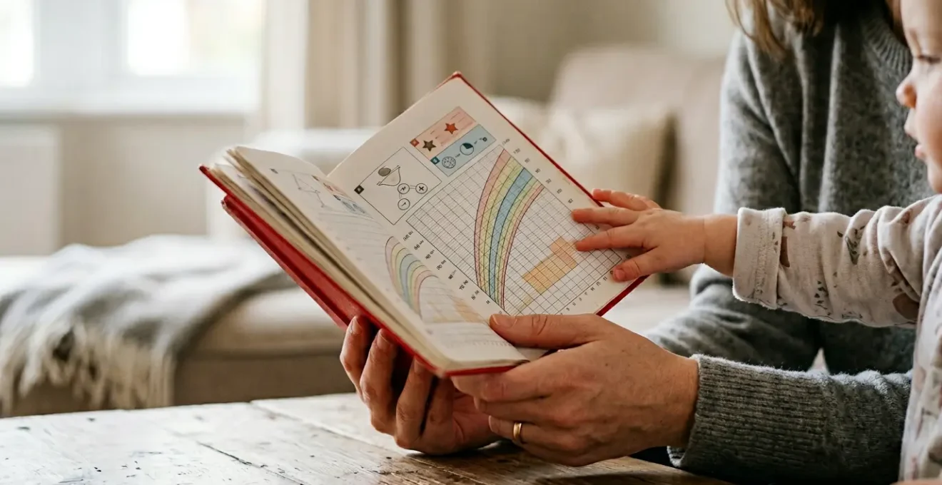 Parent documenting child development milestones in personal health record book during home checkup session