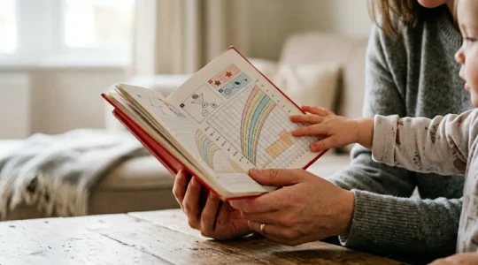 Parent documenting child development milestones in personal health record book during home checkup session