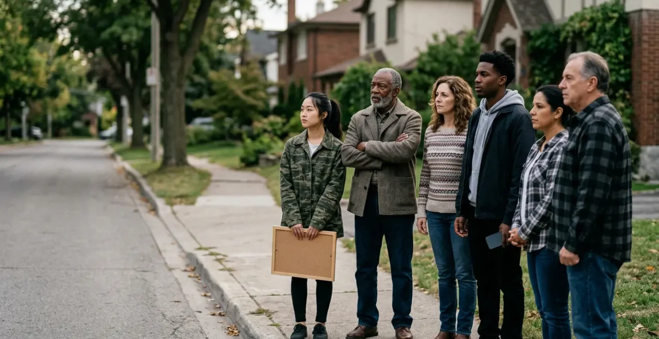 Diverse community members observing their neighborhood with awareness and concern