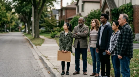 Diverse community members observing their neighborhood with awareness and concern