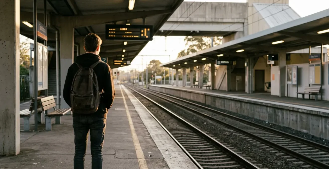 A teenage silhouette standing at a train station platform at dusk, symbolizing isolation and vulnerability in suburban transit hubs