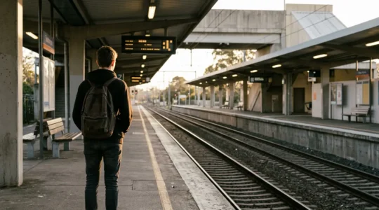 A teenage silhouette standing at a train station platform at dusk, symbolizing isolation and vulnerability in suburban transit hubs