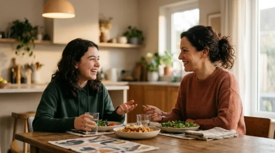 A warm, candid family dinner moment capturing genuine connection between parent and teenager