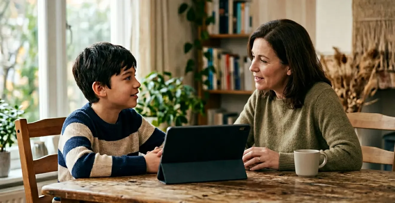 Parent and child engaged in collaborative conversation about digital device use