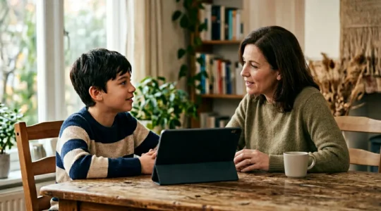 Parent and child engaged in collaborative conversation about digital device use