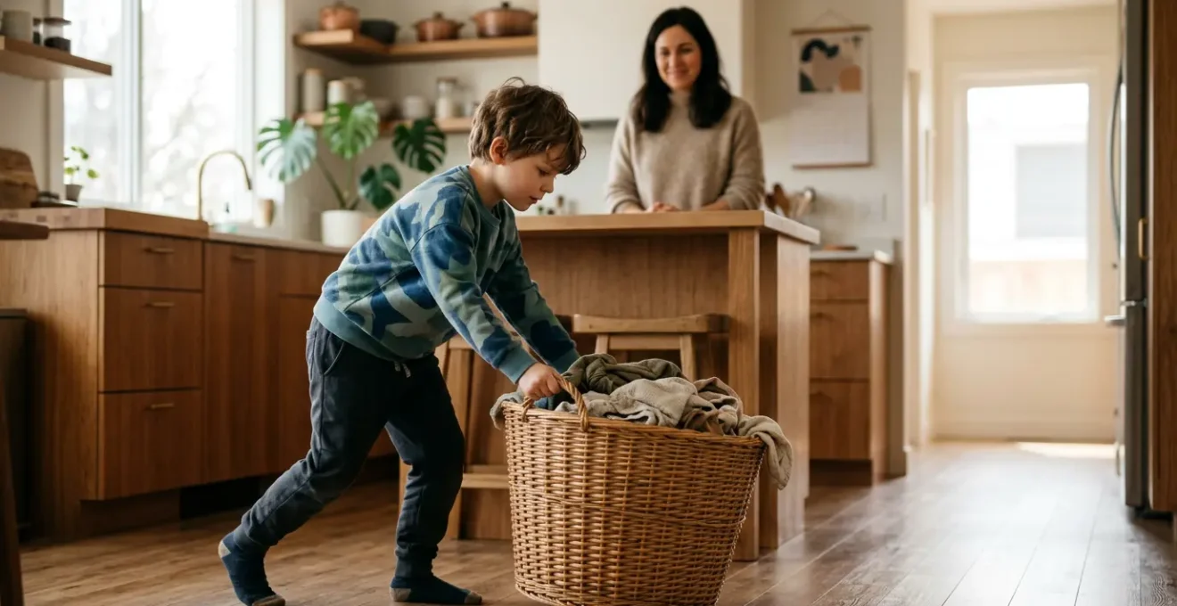 Child engaging in calming proprioceptive activity before school with parent support in bright home setting