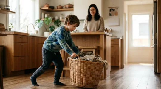 Child engaging in calming proprioceptive activity before school with parent support in bright home setting