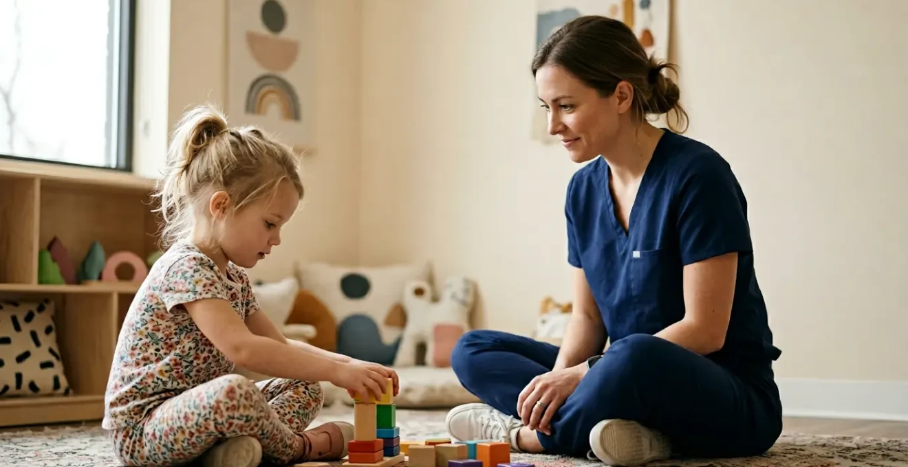 Healthcare professional observing young child during developmental assessment