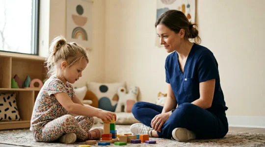 Healthcare professional observing young child during developmental assessment