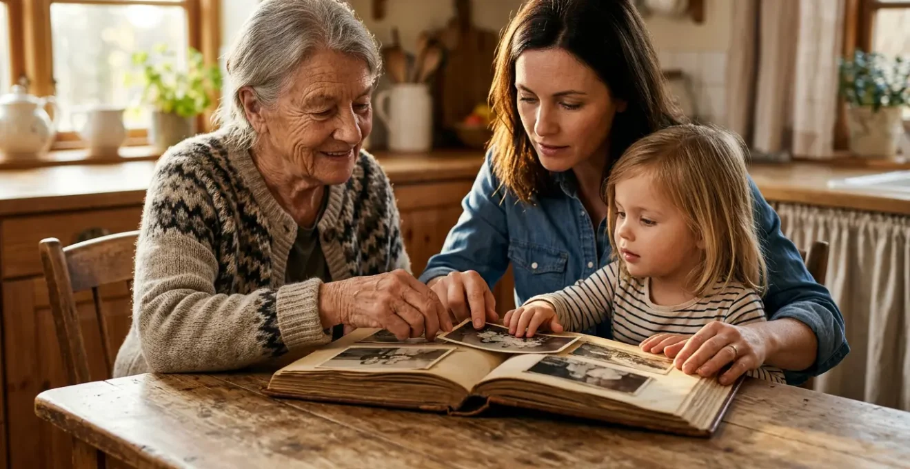 Multi-generational family health discussion showing connection between past and present