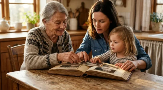 Multi-generational family health discussion showing connection between past and present