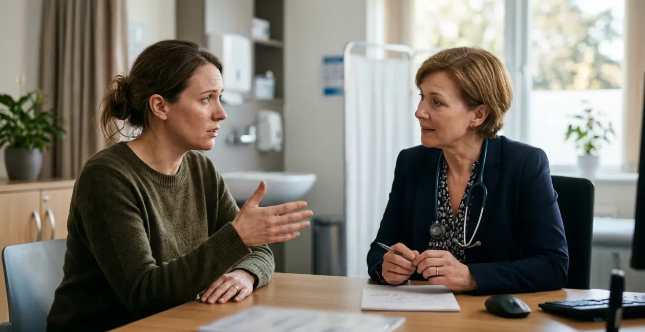 Parent discussing child's chronic health concerns with GP during consultation