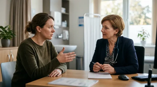 Parent discussing child's chronic health concerns with GP during consultation