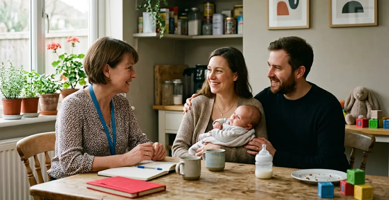 A health visitor consulting with a diverse family in a warm, welcoming home environment during a supportive home visit