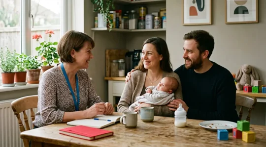 A health visitor consulting with a diverse family in a warm, welcoming home environment during a supportive home visit