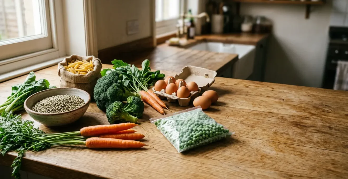 Vibrant family meal ingredients arranged on wooden kitchen surface showing fresh vegetables, grains and proteins under budget