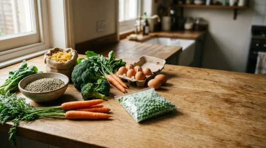Vibrant family meal ingredients arranged on wooden kitchen surface showing fresh vegetables, grains and proteins under budget