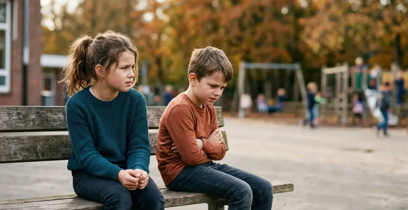 Two young children sitting together outdoors with emotional distance visible between them, symbolizing complex childhood friendships