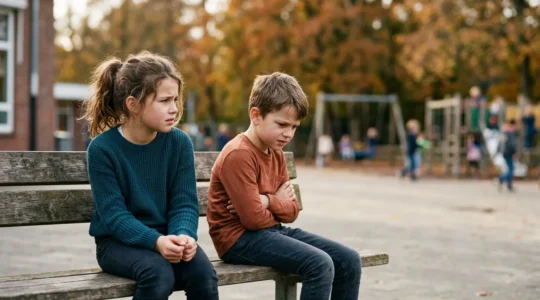 Two young children sitting together outdoors with emotional distance visible between them, symbolizing complex childhood friendships