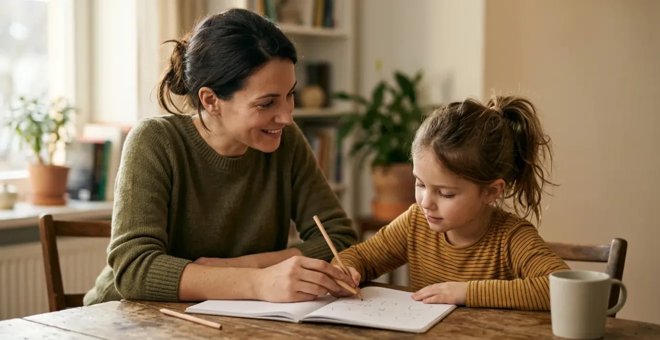 A parent and child working collaboratively on mathematics homework in a warm, supportive learning environment