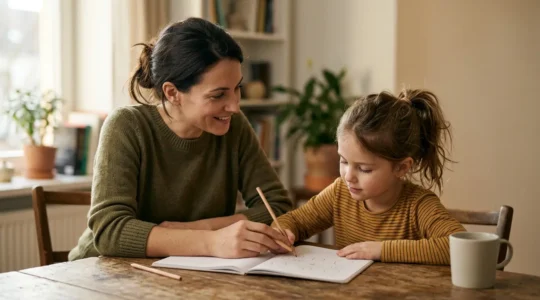 A parent and child working collaboratively on mathematics homework in a warm, supportive learning environment