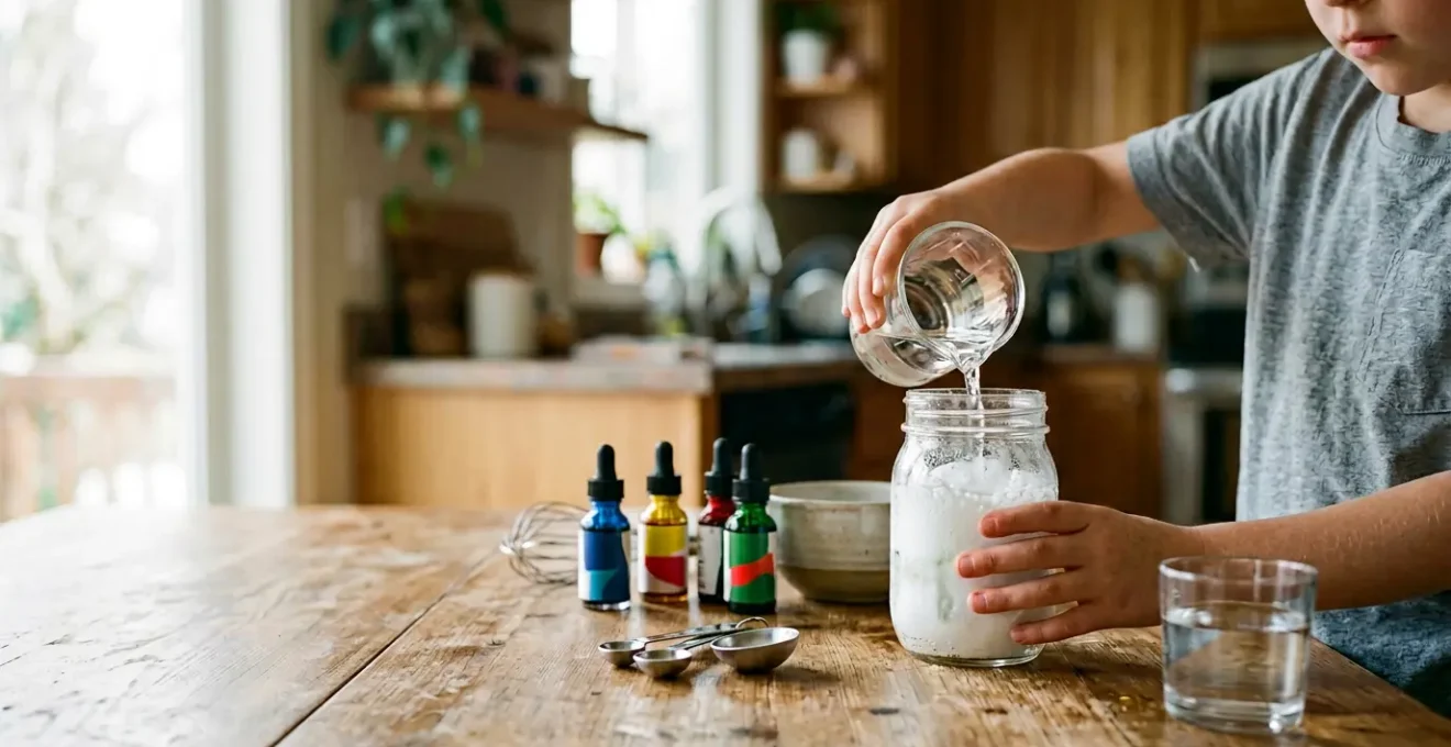 Hands conducting a colorful chemical reaction experiment with household ingredients in a bright kitchen setting
