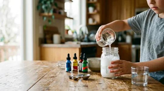 Hands conducting a colorful chemical reaction experiment with household ingredients in a bright kitchen setting