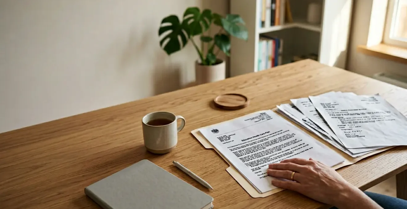 Parent reviewing official education health care plan documents with medical reports and therapy assessments spread across table