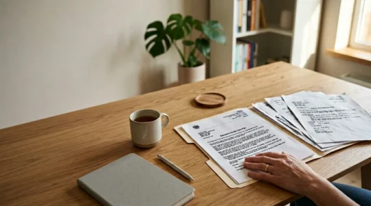Parent reviewing official education health care plan documents with medical reports and therapy assessments spread across table