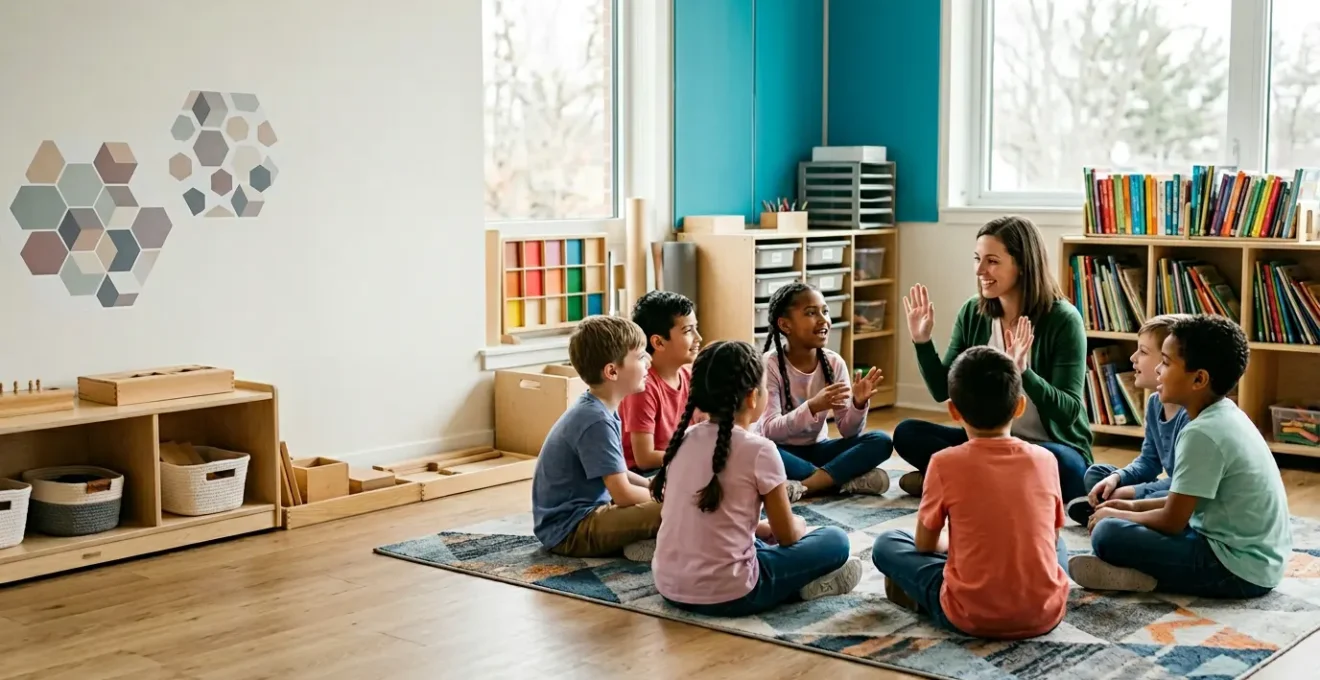 Modern classroom scene showing diverse primary school children engaged in age-appropriate relationship education discussion with teacher