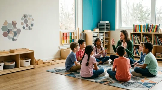 Modern classroom scene showing diverse primary school children engaged in age-appropriate relationship education discussion with teacher
