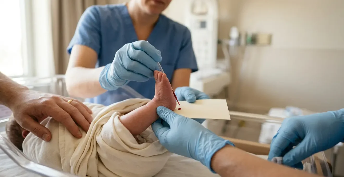 Healthcare professional performing blood spot collection from newborn baby's heel during NBS screening test