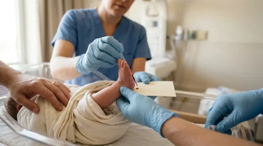 Healthcare professional performing blood spot collection from newborn baby's heel during NBS screening test