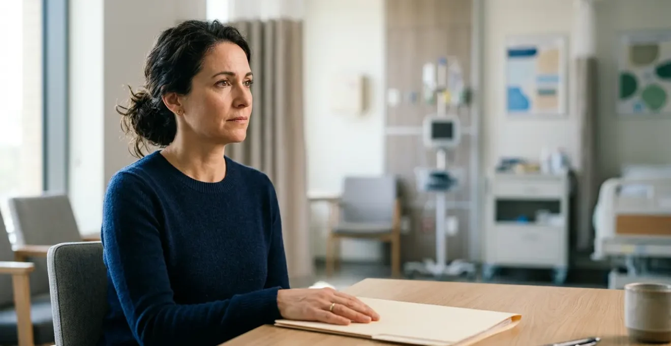 Parent contemplating healthcare choices for their child in a modern clinical environment