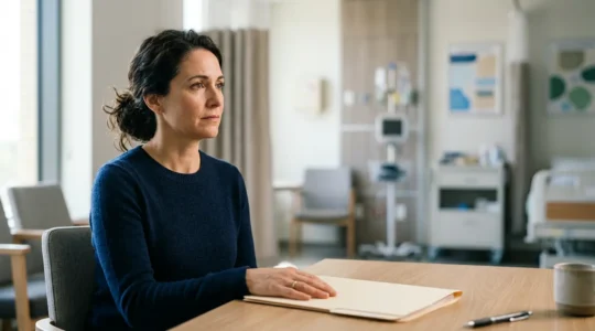 Parent contemplating healthcare choices for their child in a modern clinical environment