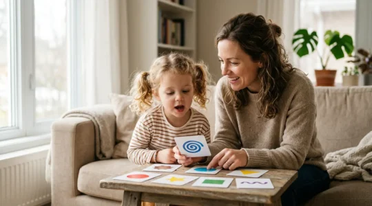 Parent and young child working together on speech development while waiting for NHS therapy
