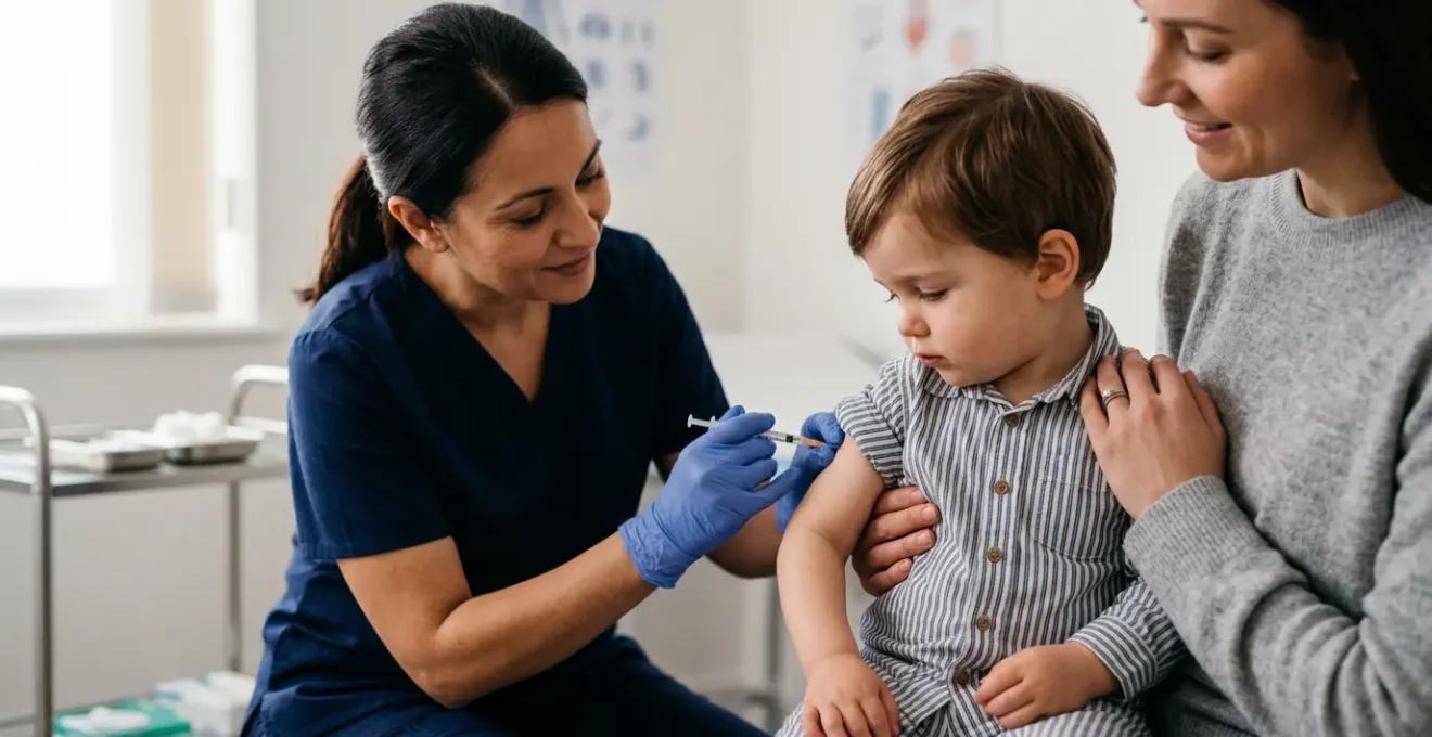Healthcare professional administering vaccine to young child while parent provides comfort and reassurance
