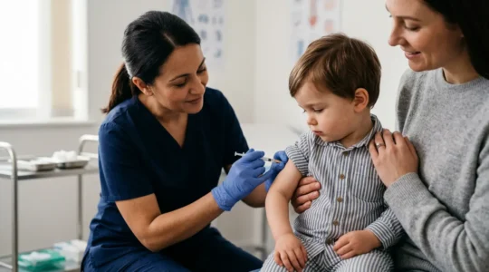 Healthcare professional administering vaccine to young child while parent provides comfort and reassurance